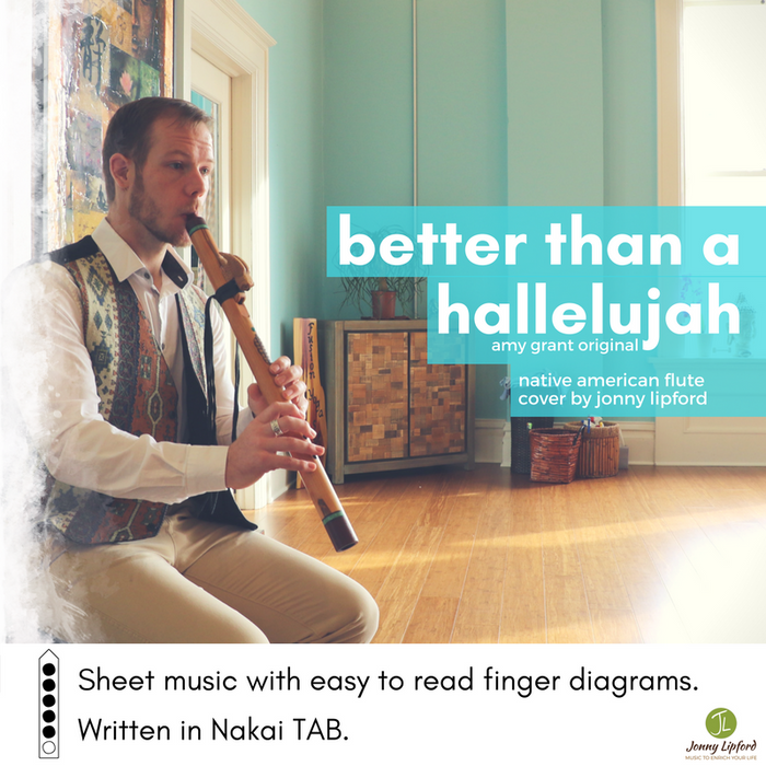 Jonny Lipford sitting while playing a Native American flute in a yoga studio demonstrating the cover art for Better Than A Hallelujah by Amy Grant written in Nakai TAB for Native American Flutes