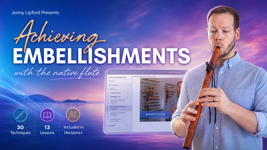 Man playing a wooden flute with educational content displayed on a screen, set against a scenic background.