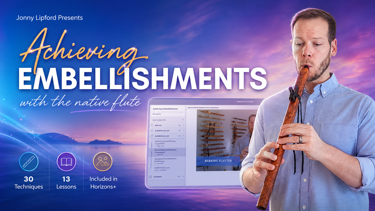 Man playing a wooden flute with educational content displayed on a screen, set against a scenic background.