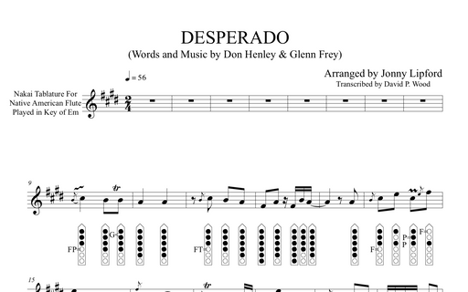 A sample of Desperado by Jonny Lipford for the Native American Flute. Sample is shown in Nakai TAB