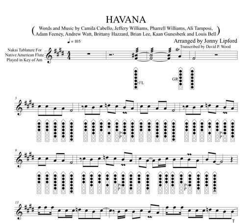 Finger diagrams and Nakai Tablature for Native American flutes shown for the song "Havana" by Camilla Cabelo