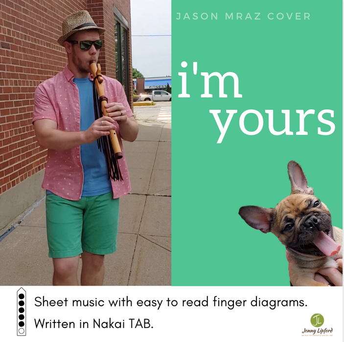 Jonny Lipford playing his Native American flute on a sidewalk in downtown Marion Iowa showcasing the cover art for the sheet music and Nakai Tablature for I'm Yours by Jason Mraz
