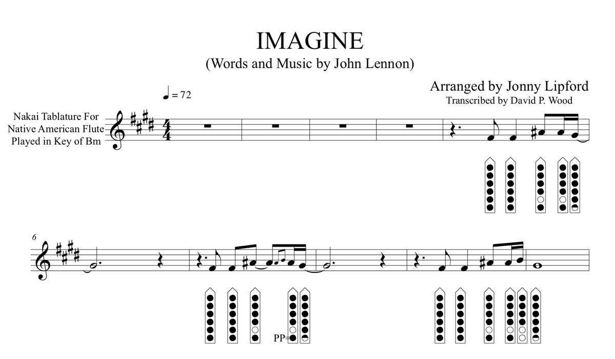 An example of the sheet music in Nakai TAB for Imagine by John Lennon for Native American Flutes.