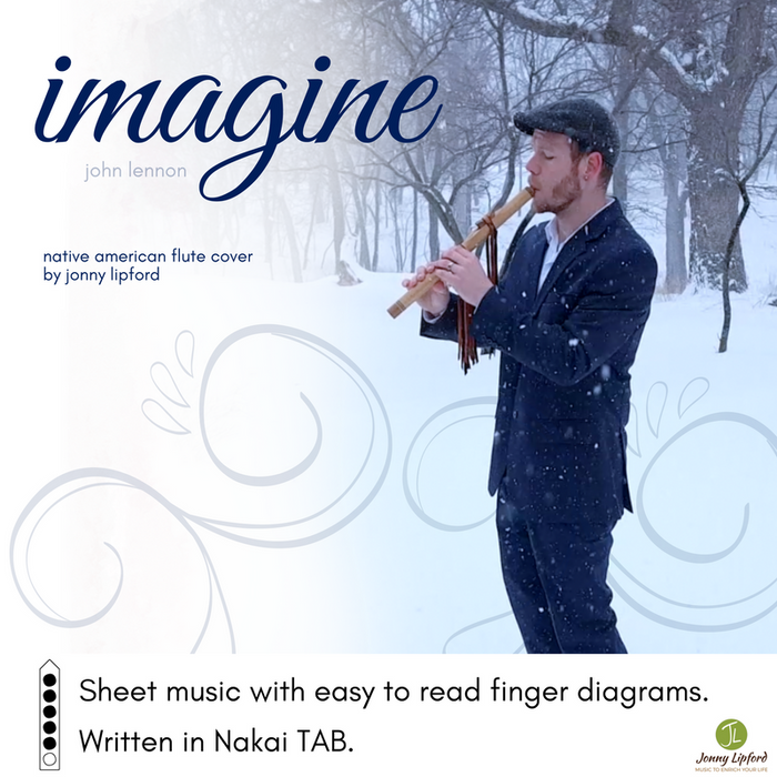 Jonny Lipford playing his Native American flute in the snow. This is the product image for sheet music in Nakai TAB for Imagine by John Lennon.
