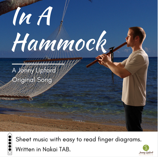Jonny Lipford standing on a beach playing his Native American flute. This is the cover image for the sheet music for Native American flute song In A Hammock