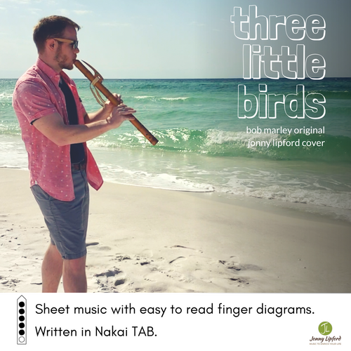 Jonny Lipford standing on the beach in Florida while playing a Native American flute. This is the product image for a downloadable Native American flute sheet music in Nakai Tablature for the song Three Little Birds by Bob Marley.
