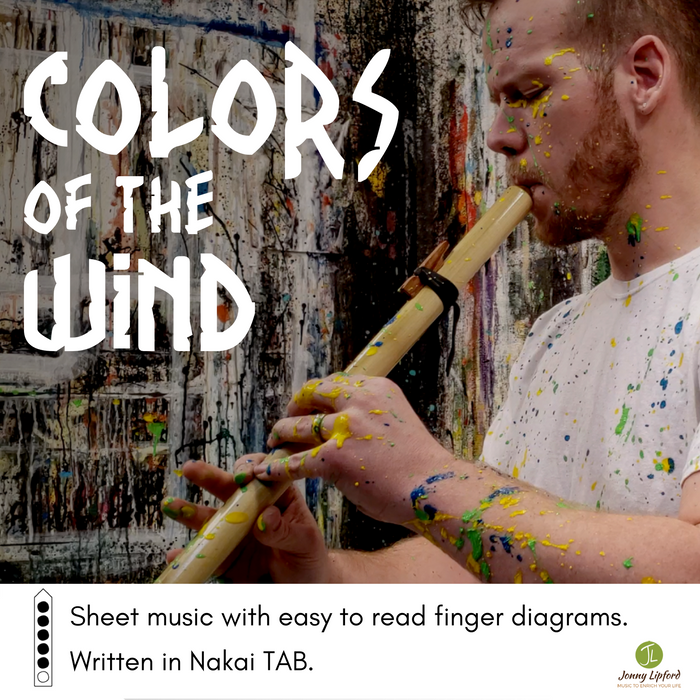 Jonny Lipford playing his Native American flute covered in paint by John Paul Schafer for the feature image of Colors of the Wind Tablature Sheet music for Native American flutes