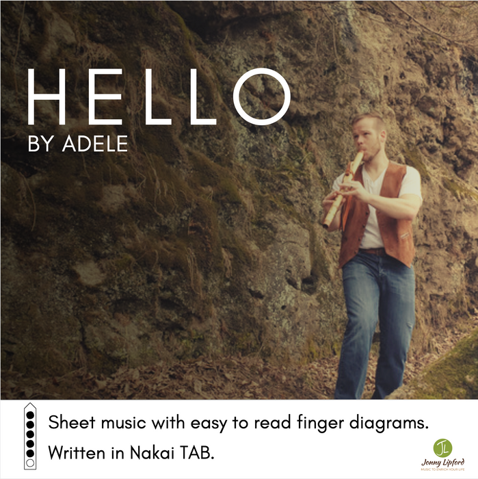 Jonny Lipford playing his Native American flute in front of bluffs in Iowa showcasing the cover art for the sheet music and Nakai Tablature for "Hello" by Adele