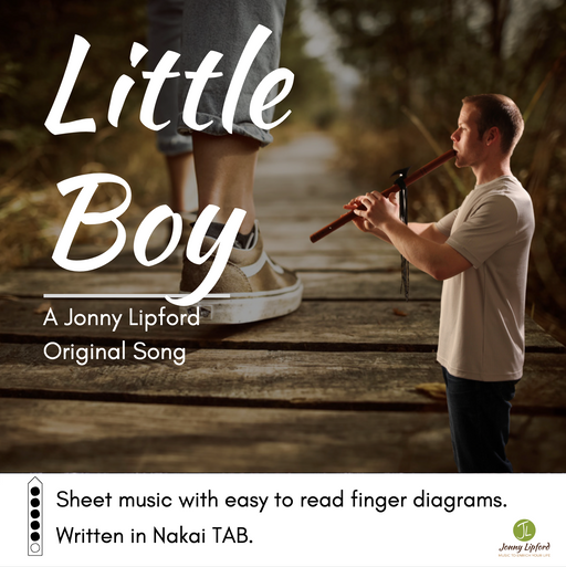 Jonny Lipford shown playing his Native American flute overlayed on an image of a boy's shoe. This is the product image for the Sheet music to "Little Boy"