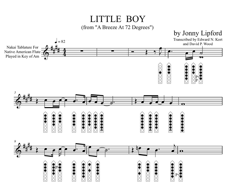 Finger diagrams and Nakai Tablature shown for the Native american flute song Little Boy by jonny lipford