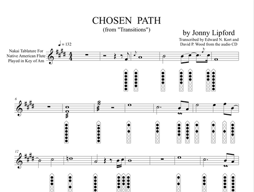 Native American flute sheet music showing finger diagrams and Nakai TAB on Chosen Path, a Jonny Lipford song for Native American Flutes