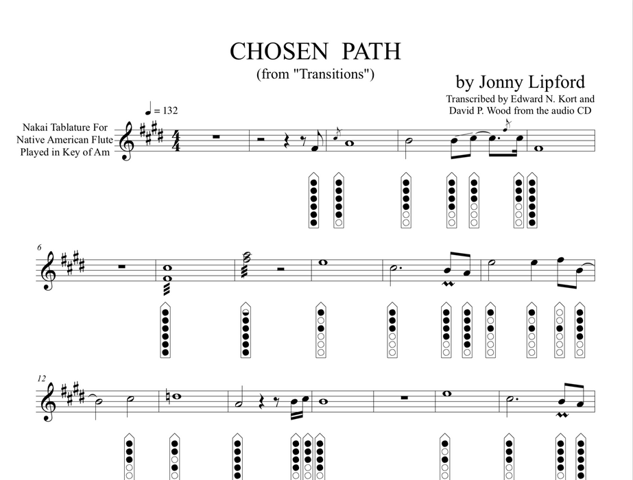 Native American flute sheet music showing finger diagrams and Nakai TAB on Chosen Path, a Jonny Lipford song for Native American Flutes