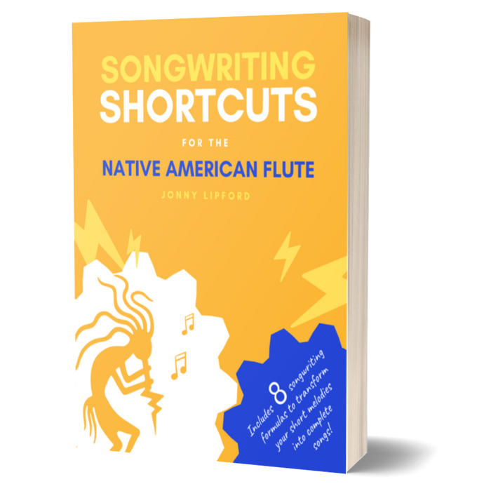Photo showing the newest book by Jonny LIpford on how to write songs for the Native American flute in his book songwriting shortcuts for the native american flute