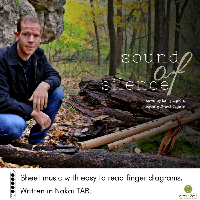 Jonny Lipford kneeling with his Native American Flutes in the woods to show the cover of Sound Of Silence Sheet music transcribed in Nakai TAB for flute players 