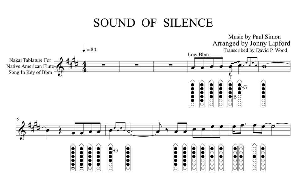 Nakai tablature sheet music for Sound of Silence for Native American flute. Showing flute diagrams.