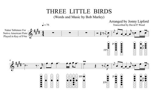 An example from the Native American Flute Sheet music of Three Little Birds in Nakai Tab for Native American Flutes