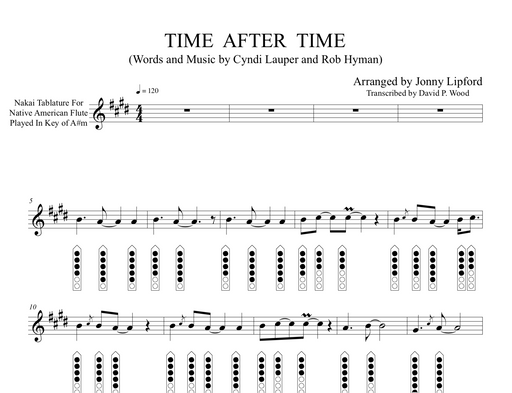 This image shows an example of the sheet music with diagrams for the Native American flute song Time After Time recorded by Jonny Lipford. The music is shown in nakai Tablature for Native American Flute with finger diagrams