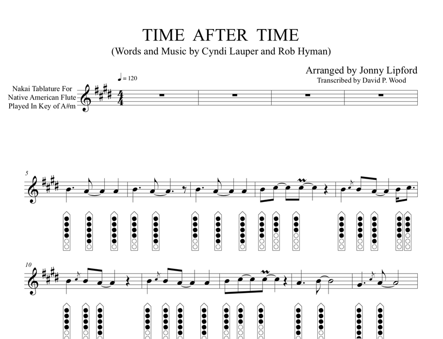 This image shows an example of the sheet music with diagrams for the Native American flute song Time After Time recorded by Jonny Lipford. The music is shown in nakai Tablature for Native American Flute with finger diagrams