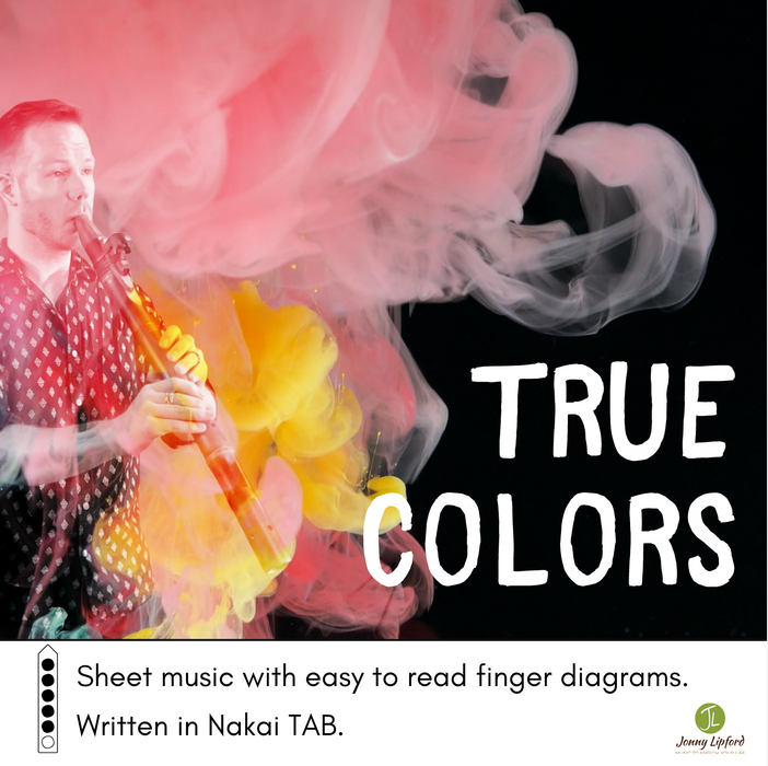 Jonny Lipford standing in a cloud of pink and yellow ink for the cover of True Colors Sheet Music for native american flutes written in Nakai Tablature with finger diagrams