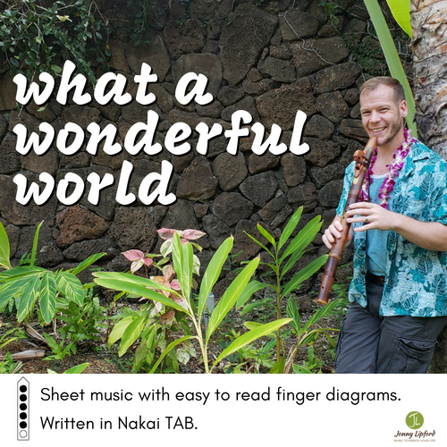 Jonny Lipford leaning against a palm tree in Hawaii showcasing the cover art for What A Wonderful World, written in Nakai TAB for Native American Flutes