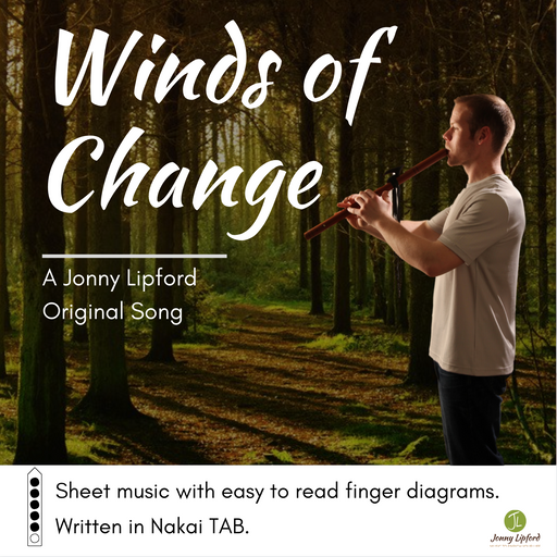 Jonny Lipford standing in the woods playing his Native American flute. This is the cover image for the sheet music for Native American flute song Winds Of Change