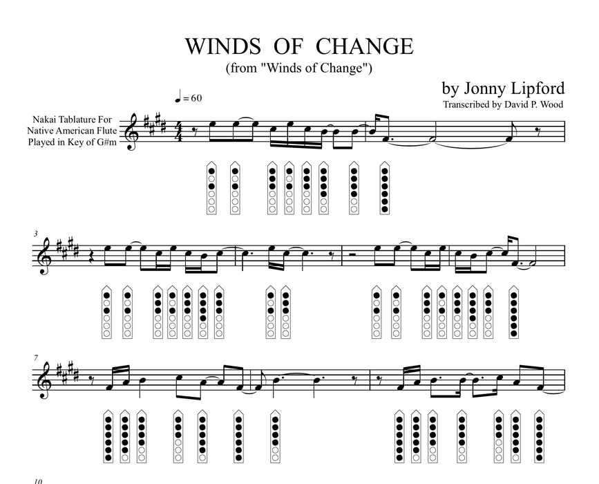 Native American flute sheet music showing finger diagrams and Nakai TAB on Winds of Change, a Jonny Lipford song for Native American Flutes